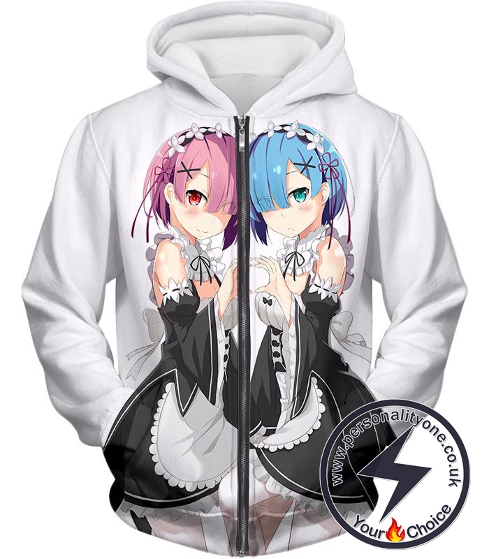 Re:Zero Super Cute Sky Blue Haired Maid Rem Zip Up Hoodie